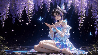 紫藤花下蝶语少女