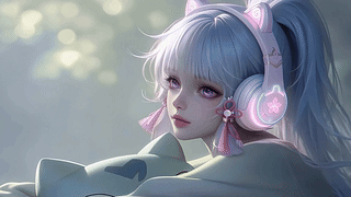 浅发猫耳耳机少女