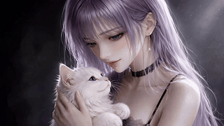 紫发少女与软萌白猫