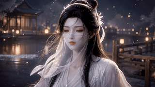 静夜湖畔古风轻纱美人