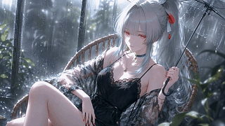 雨天窗边的银发少女
