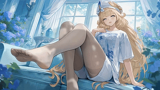 窗边花下休闲金发少女