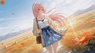秋日郊野粉发少女