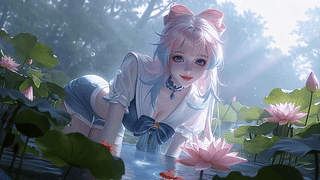 荷塘戏水的粉发少女