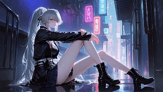 雨夜霓虹巷中的银发少女