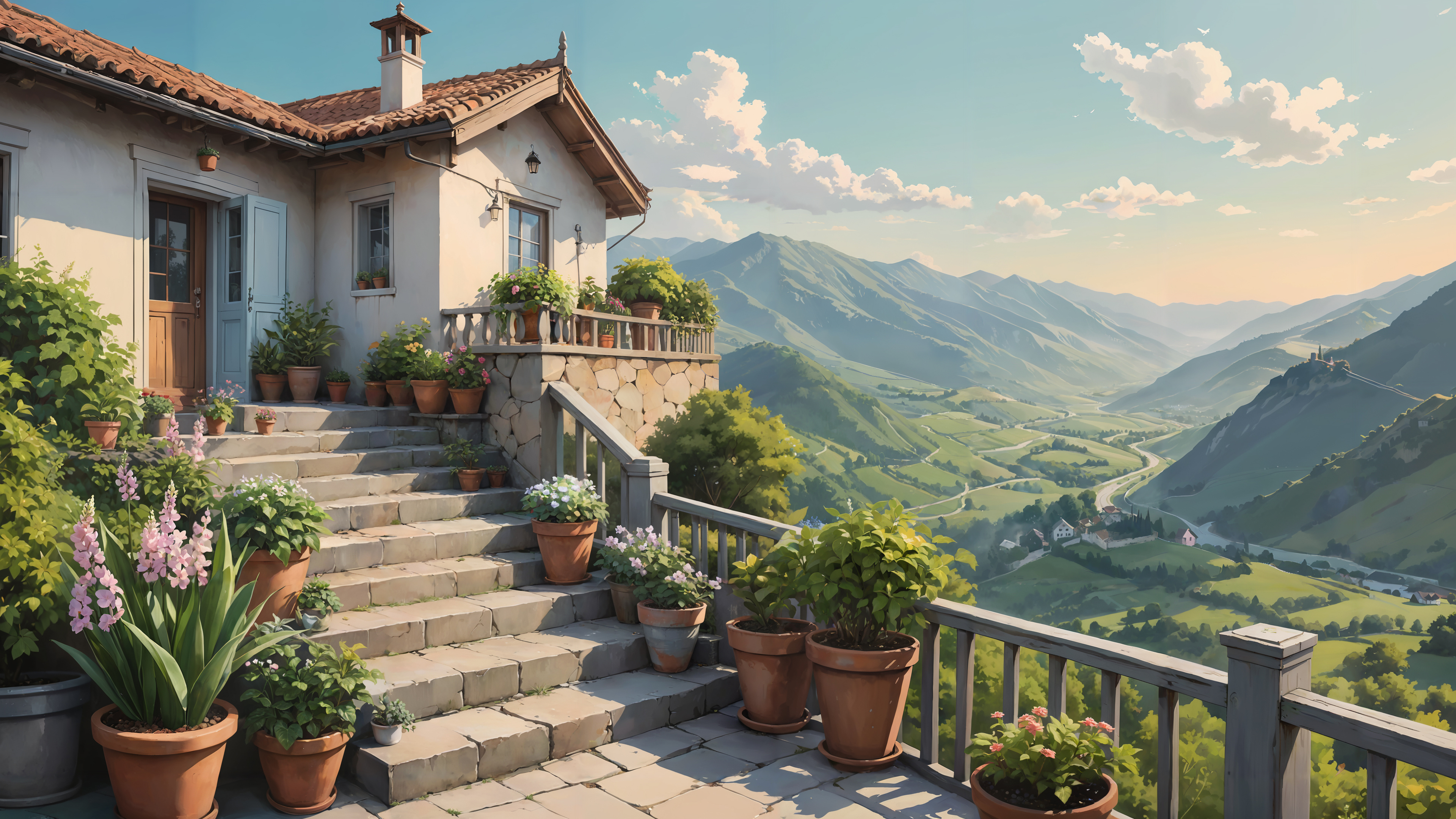 田园小屋 阶梯 花盆 鲜花 山上小房子风景4K壁纸3840x2160