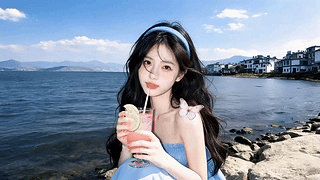 清纯海边奶茶女孩