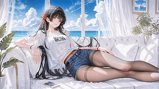 滨海窗边慵懒少女