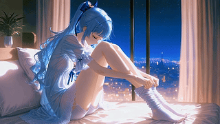 静夜窗边蓝发少女