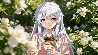 花丛中的银发少女
