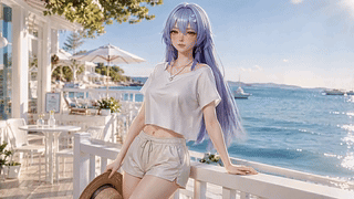 夏日海边休闲紫发少女