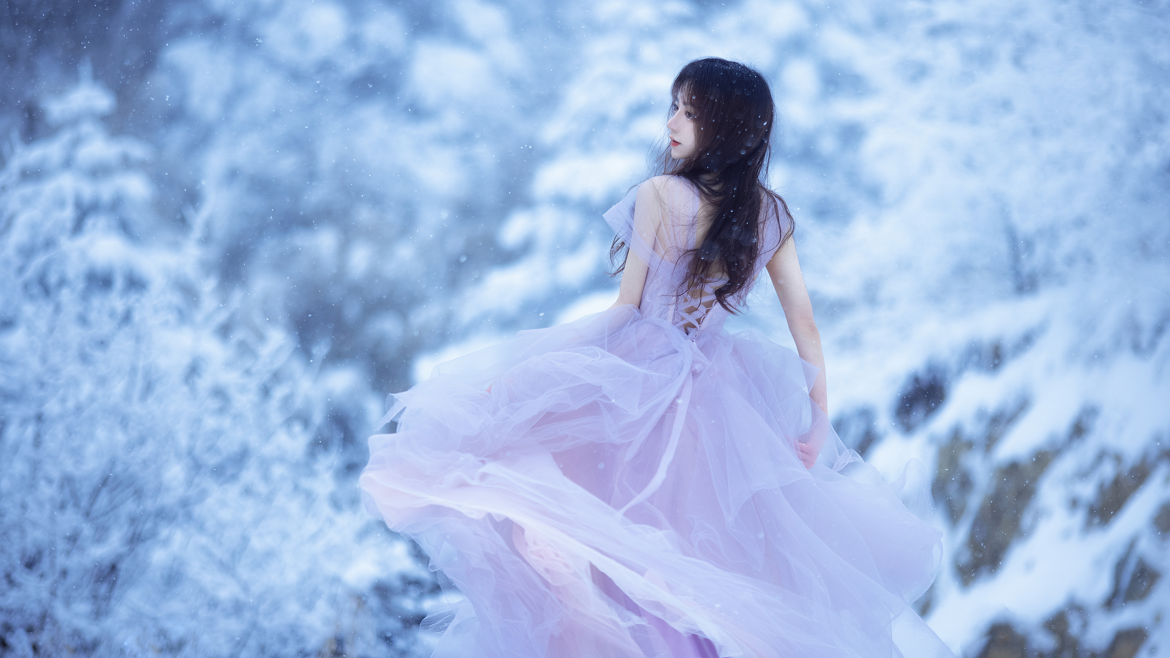 唯美 雪 紫色裙子美女背