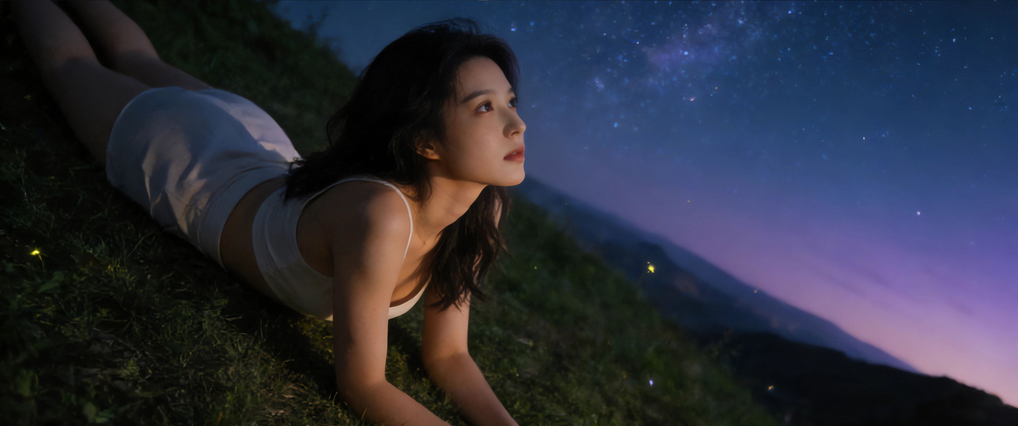 夜晚 在草地上看星空的