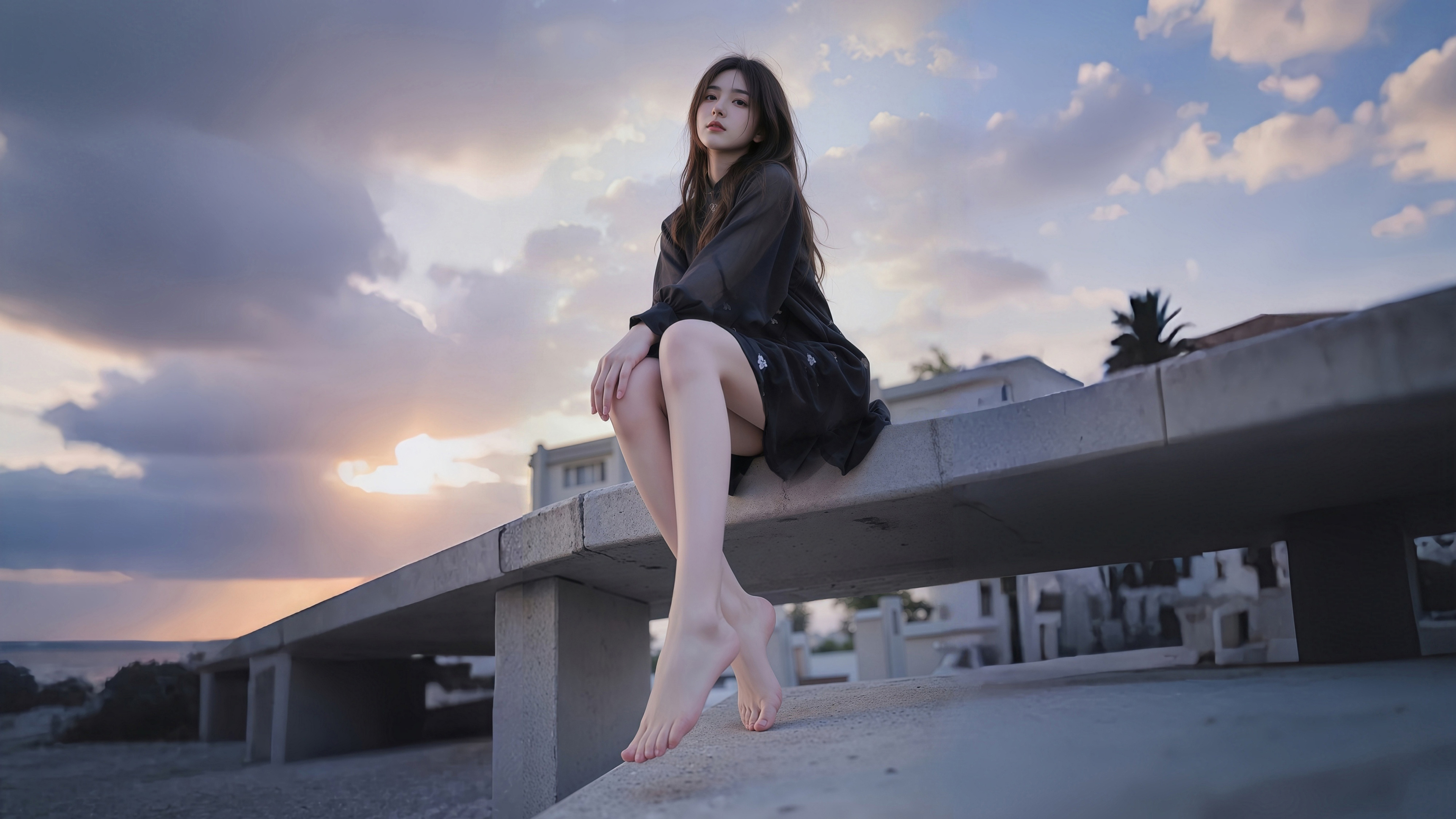 夕阳天空 美女仰拍 黑色
