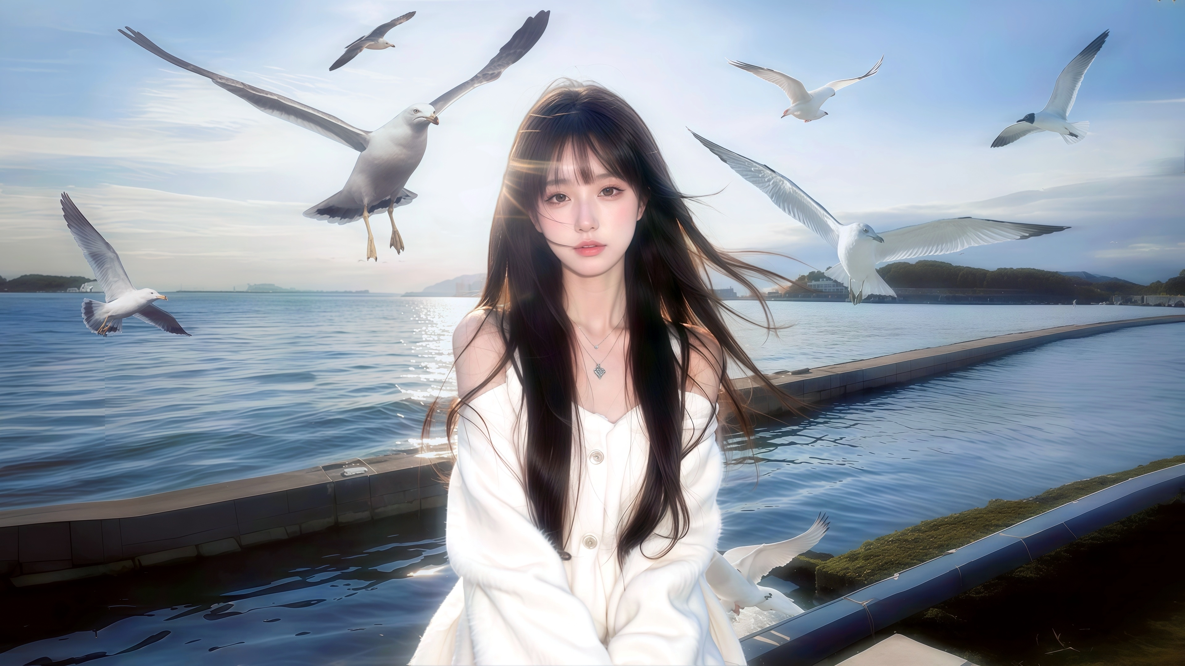 天空 海鸥 湖面 白衣美