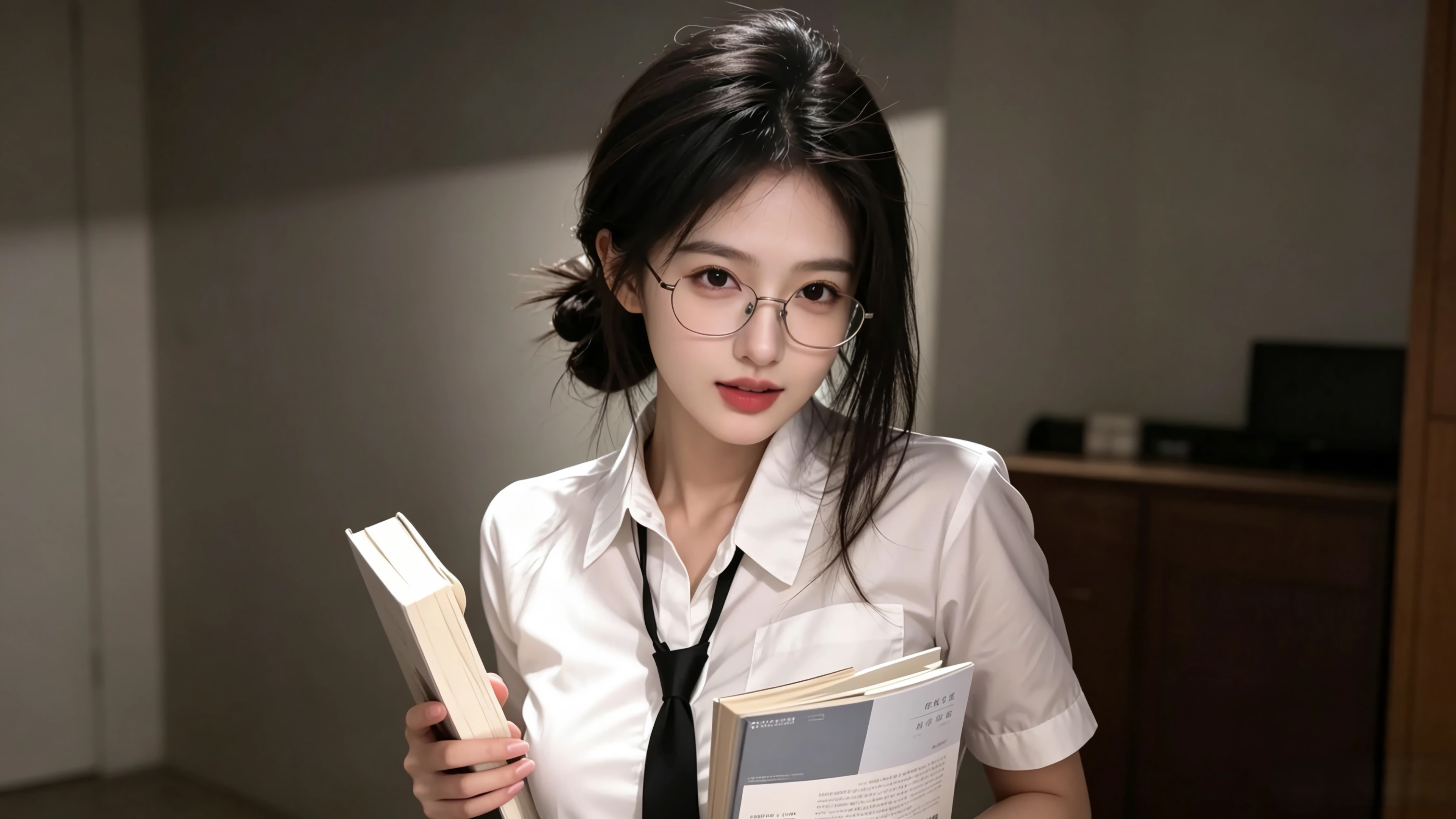 室内美女 戴眼镜 白色衬