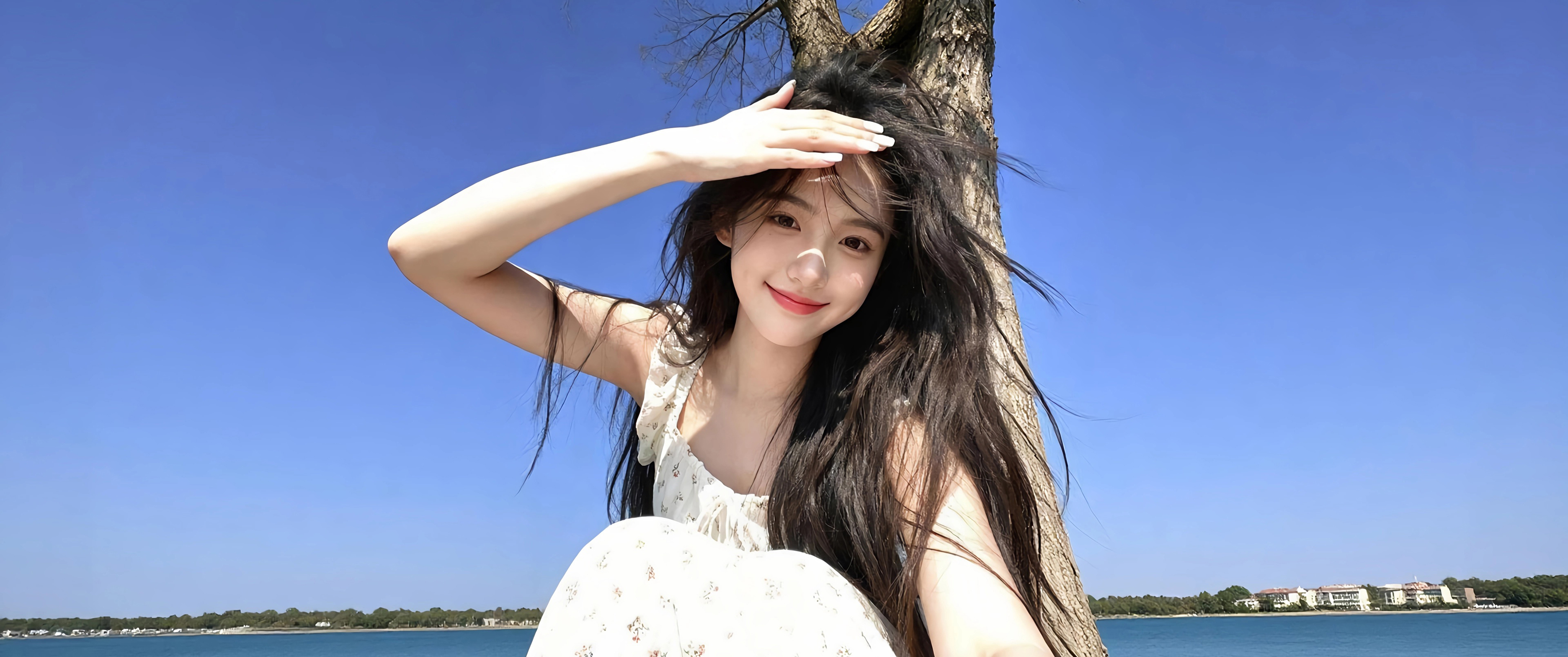 晴空美女 江边 树 3440x