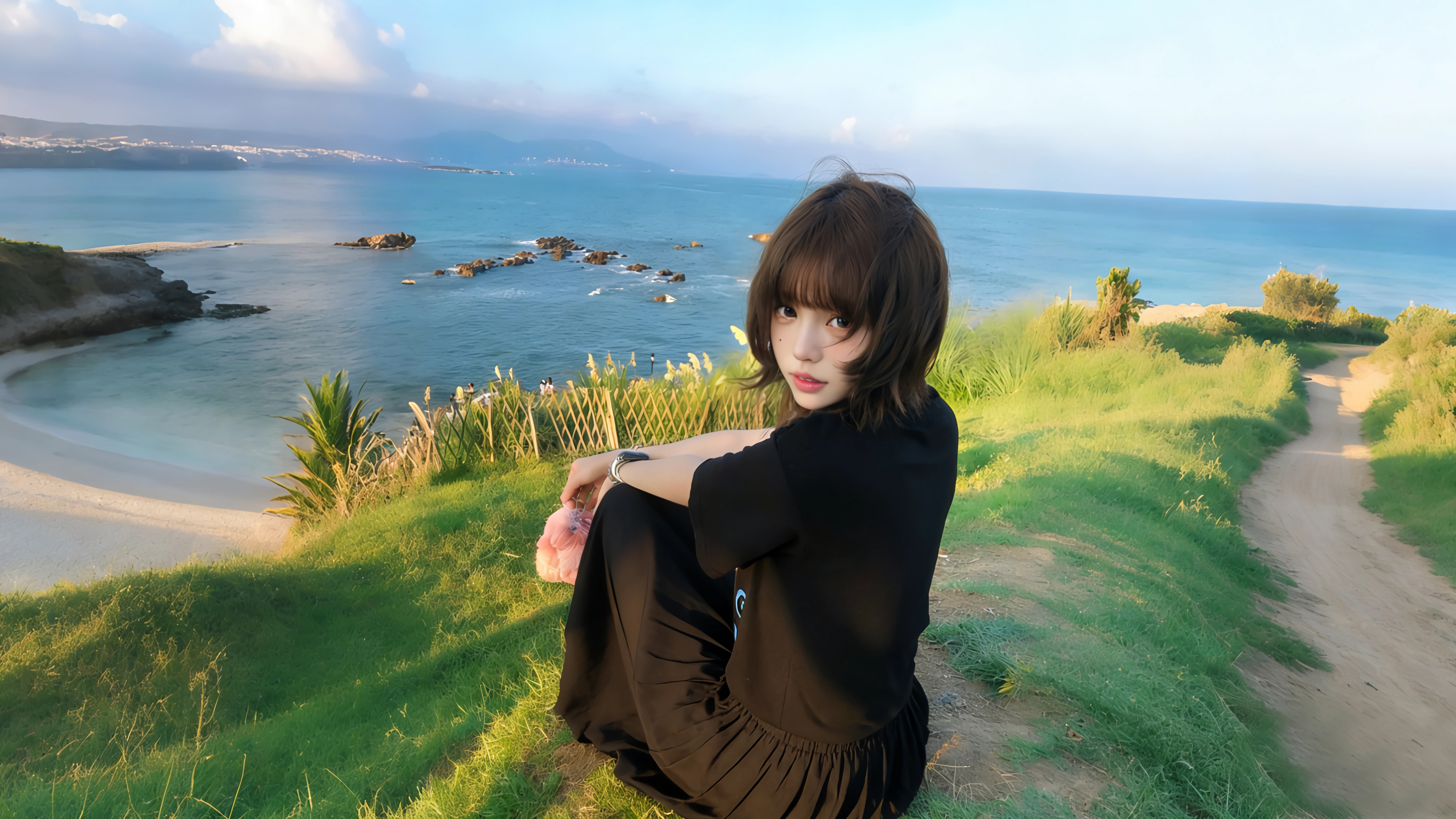 海边 坐在绿草地的美女