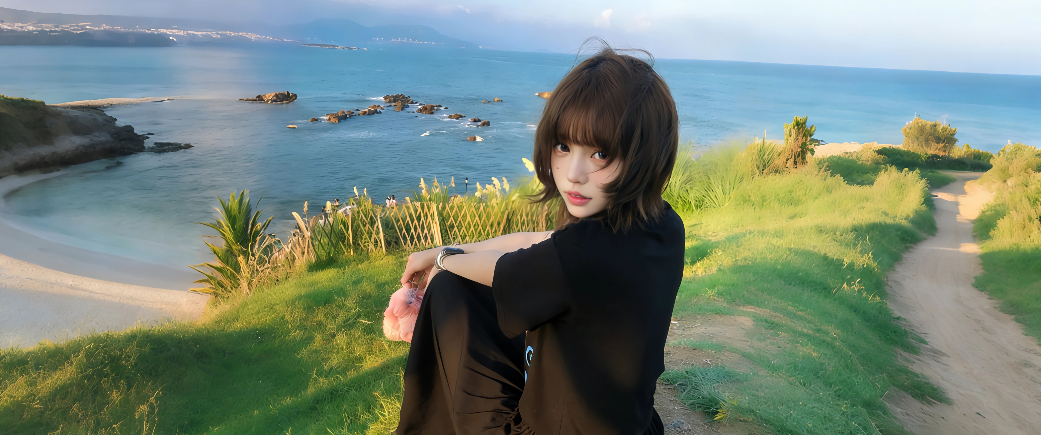 海边 坐在绿草地的美女3