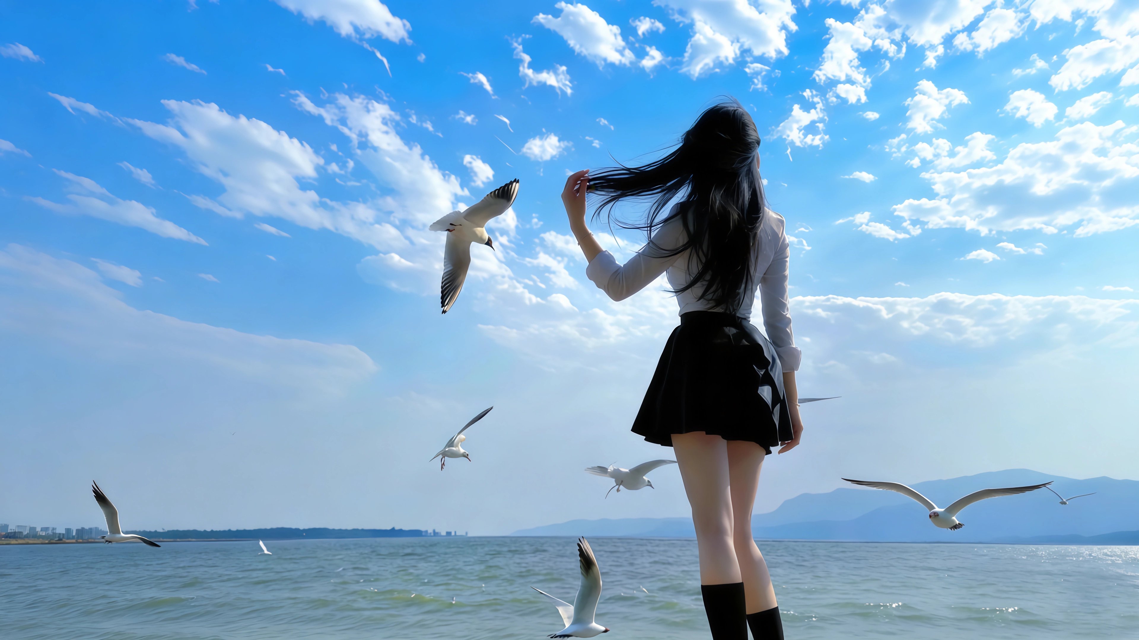 海边 长发美女背影 4K壁