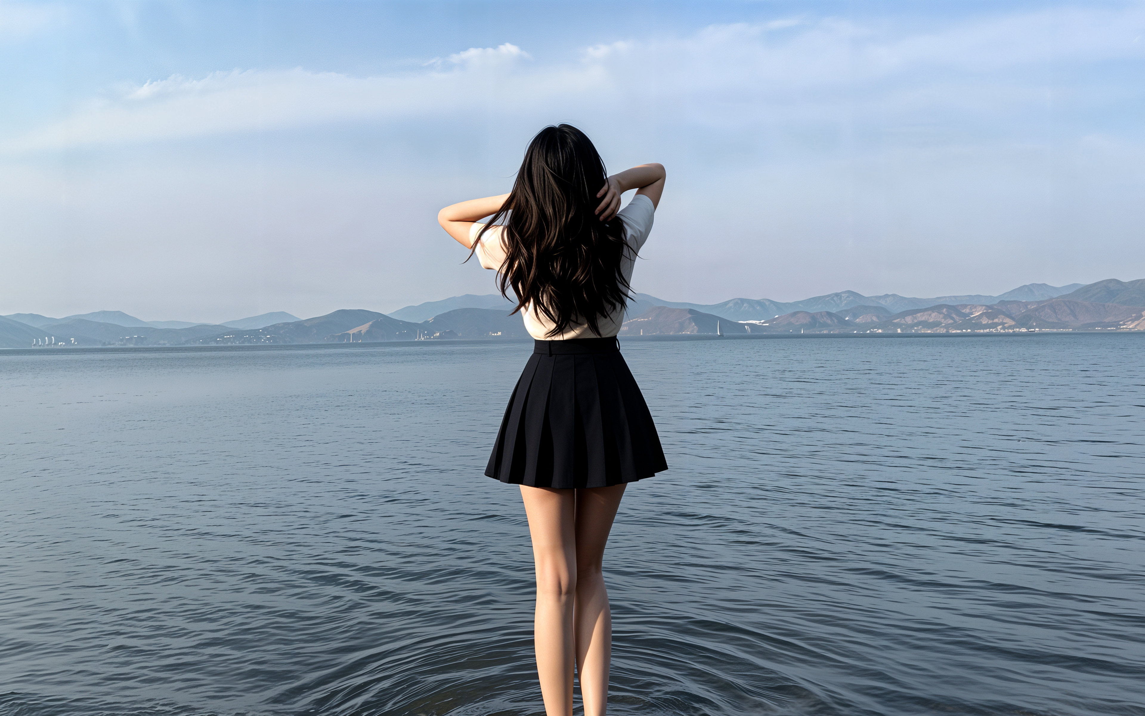 海边 长发美女背影 黑色