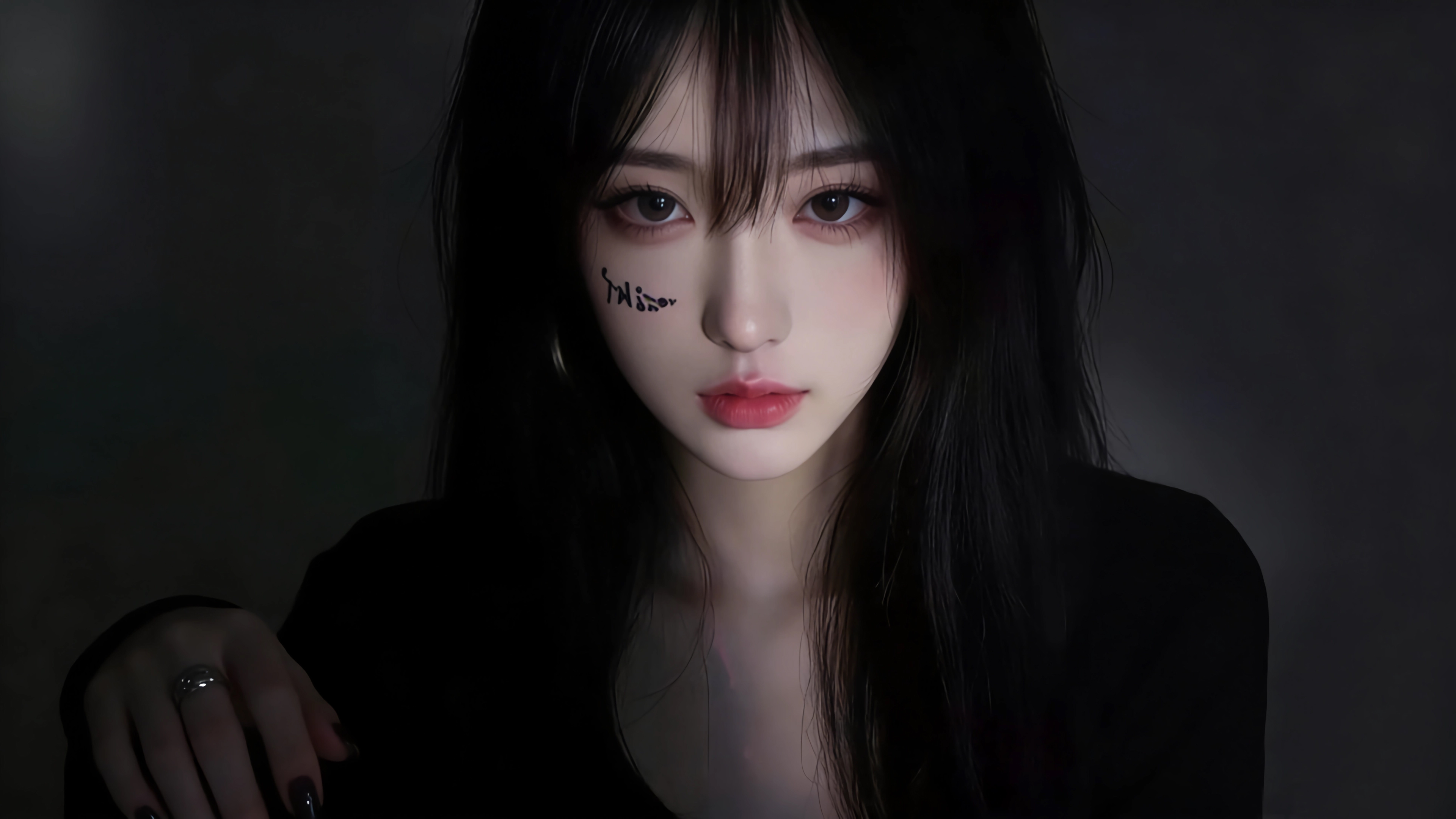 漂亮黑色长发美女 暗黑