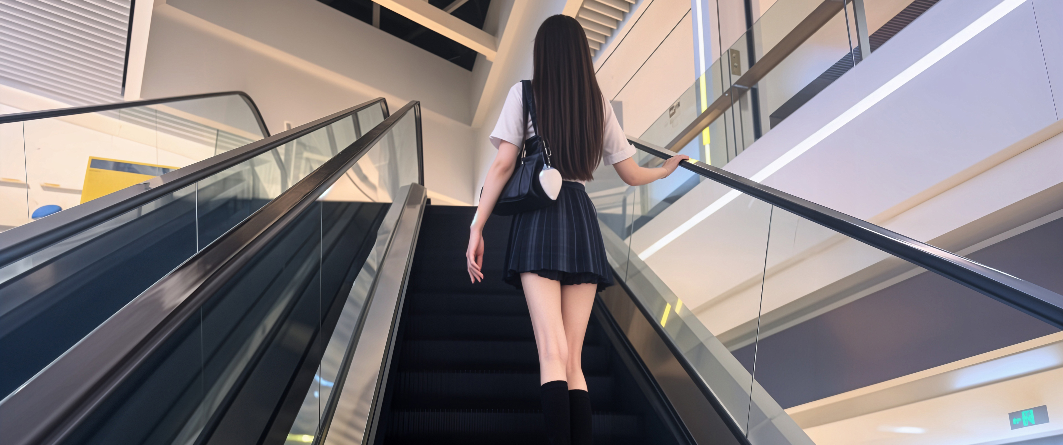 电梯好看美女背影4K高清带鱼屏壁纸3440x1440