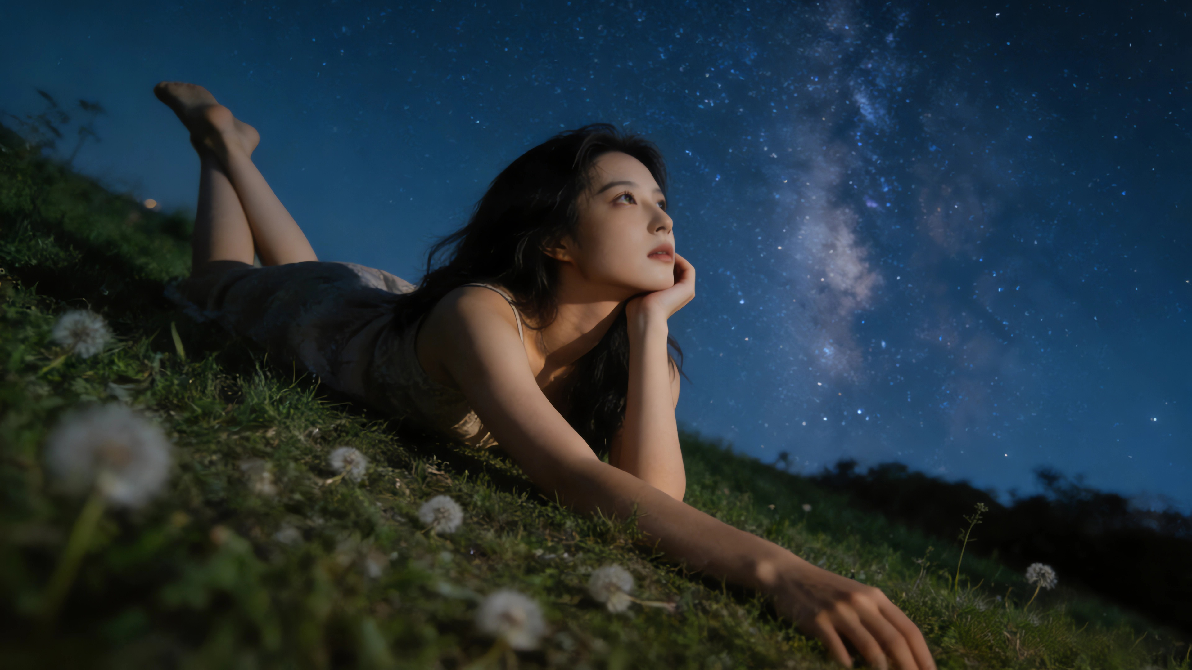 看星空的美女 绿草地 唯