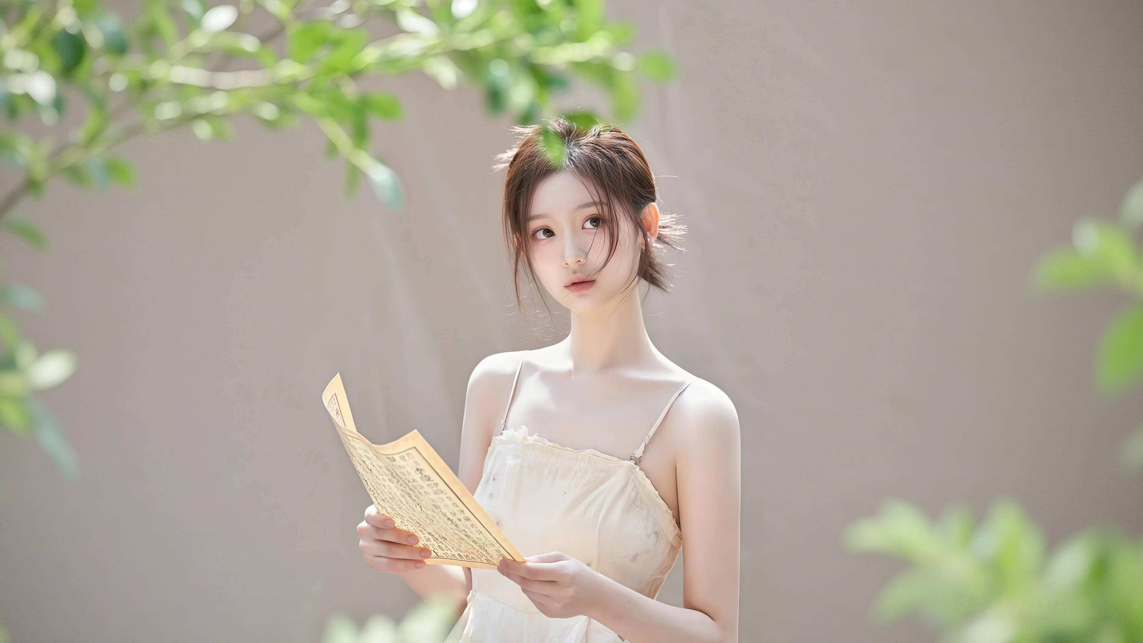 绿植背景图片 气质清纯美女 连衣裙 4K桌面壁纸