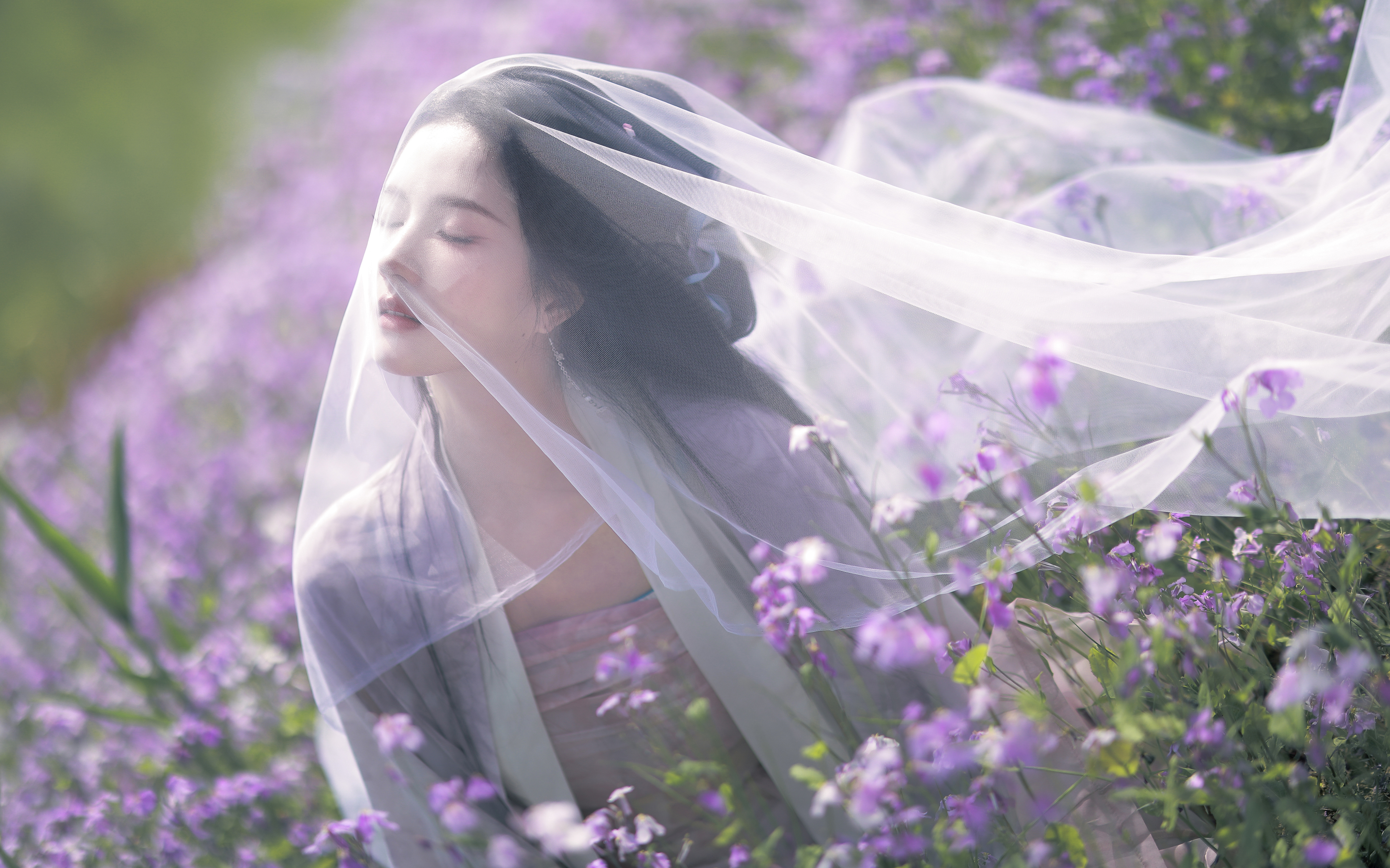 美女 头纱 紫色鲜花 唯