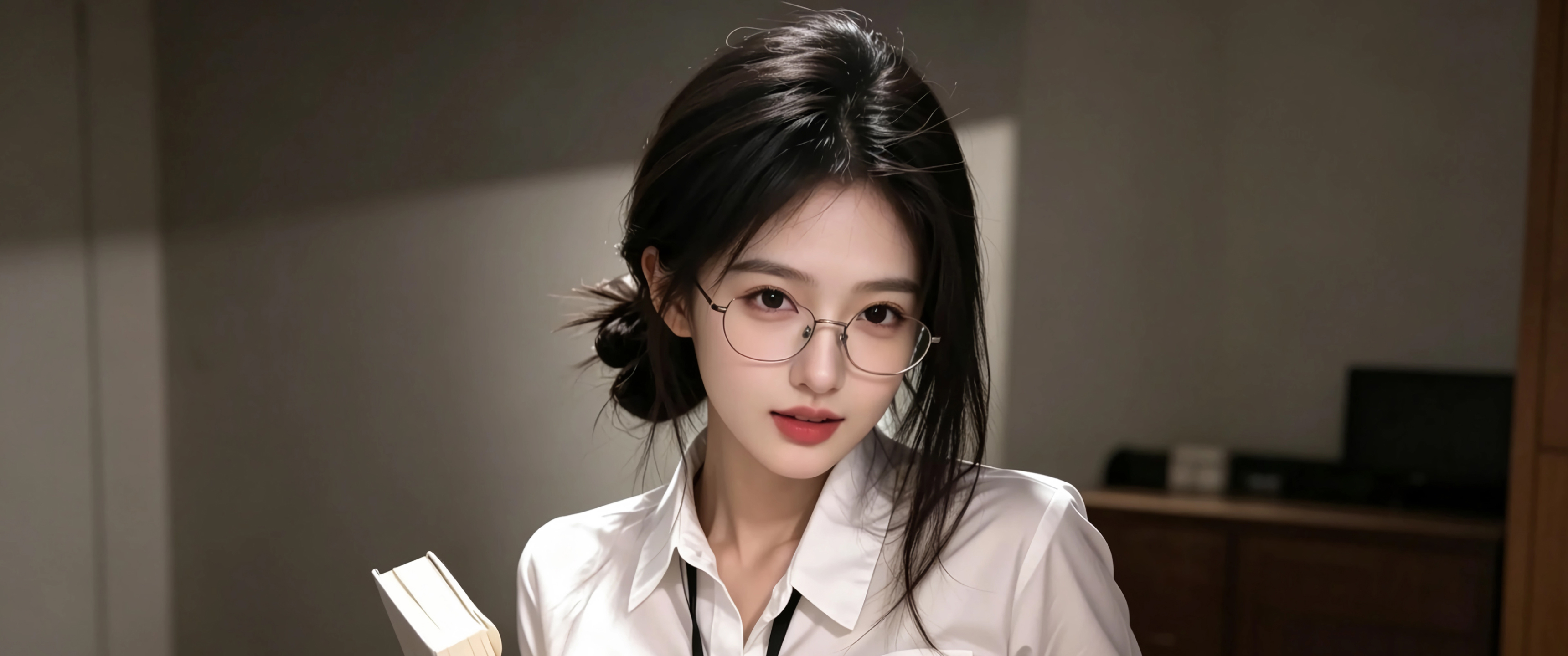 美女 眼镜 白色衬衫 光影 高清带鱼屏壁纸3440x1440