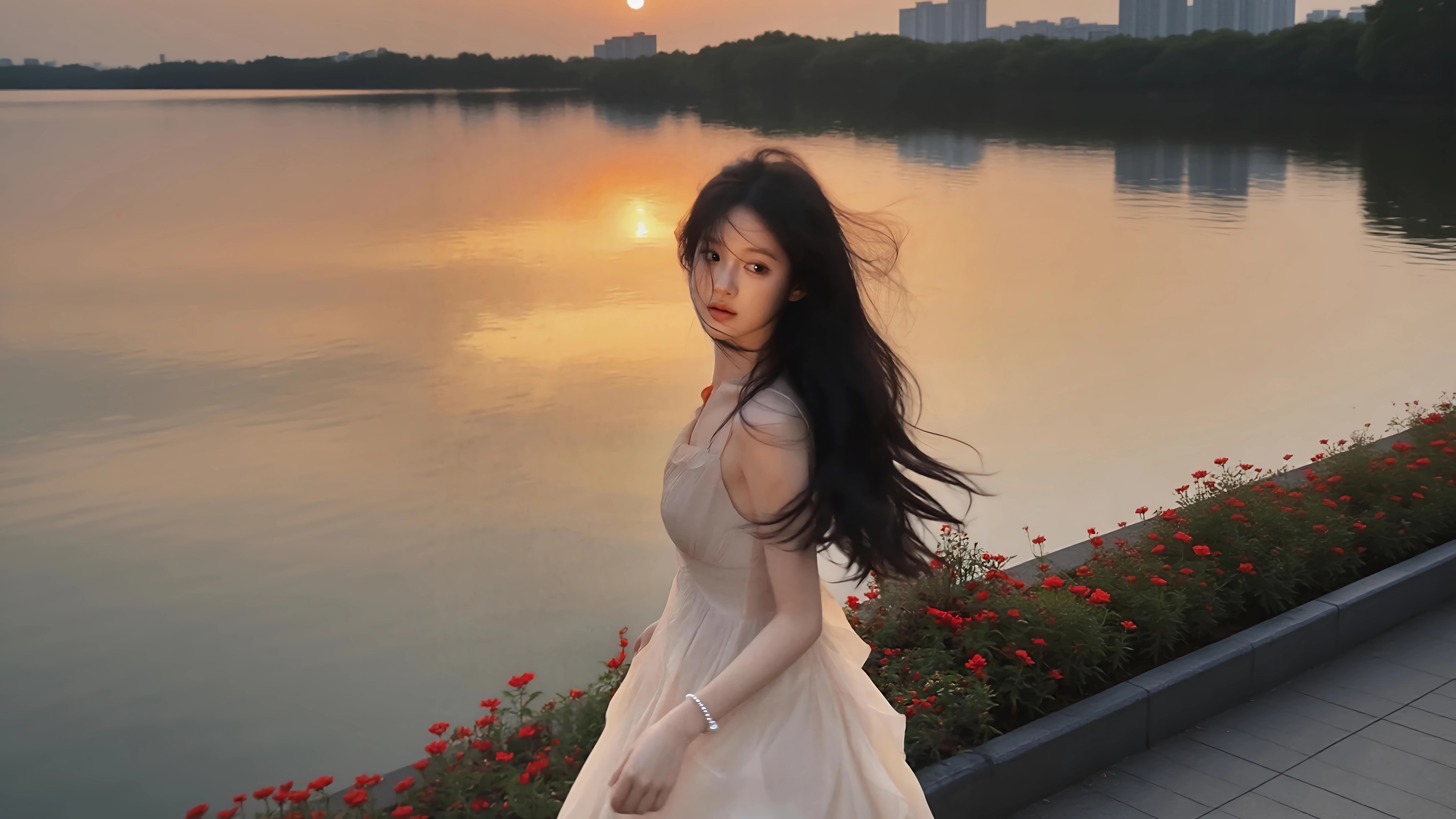 美女回眸 城市湖水倒影