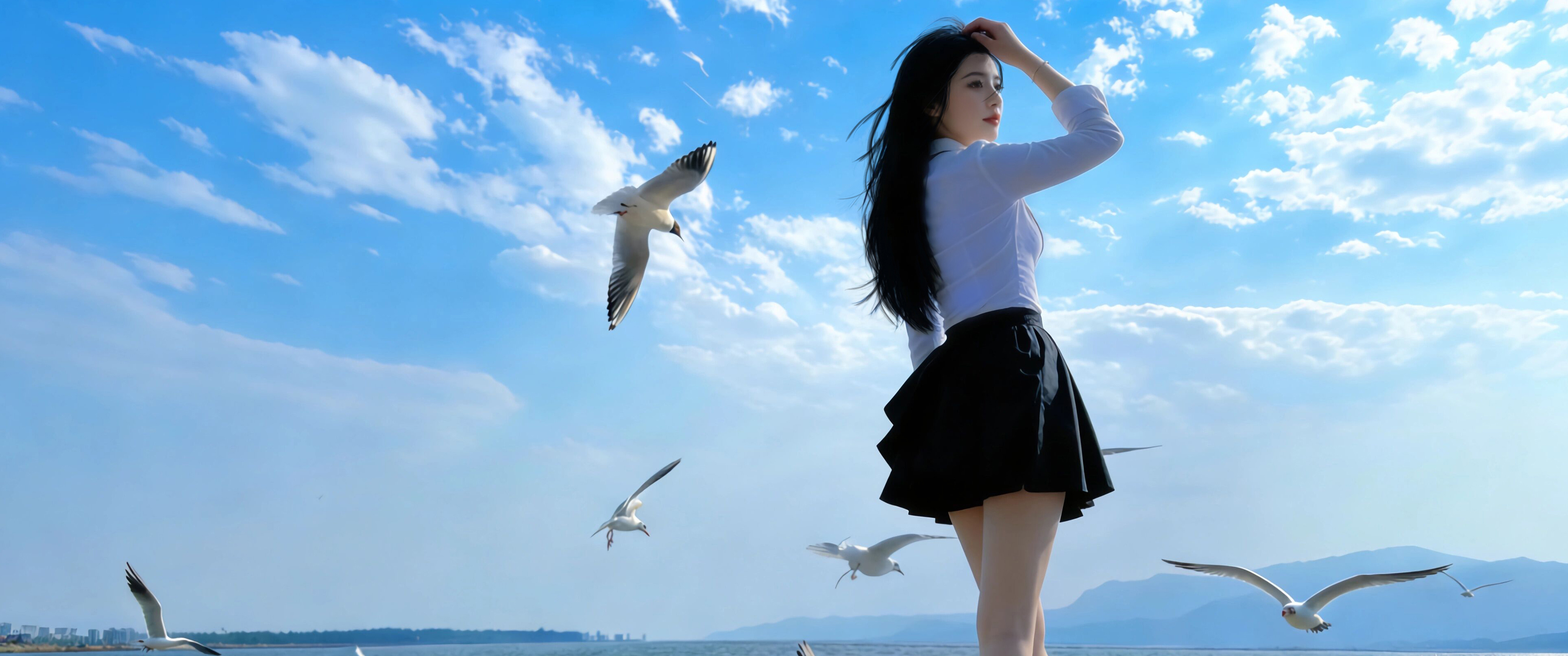 蓝天白云 海边 美女长发 白色衣服黑色裙子 3440x1440分辨率壁纸