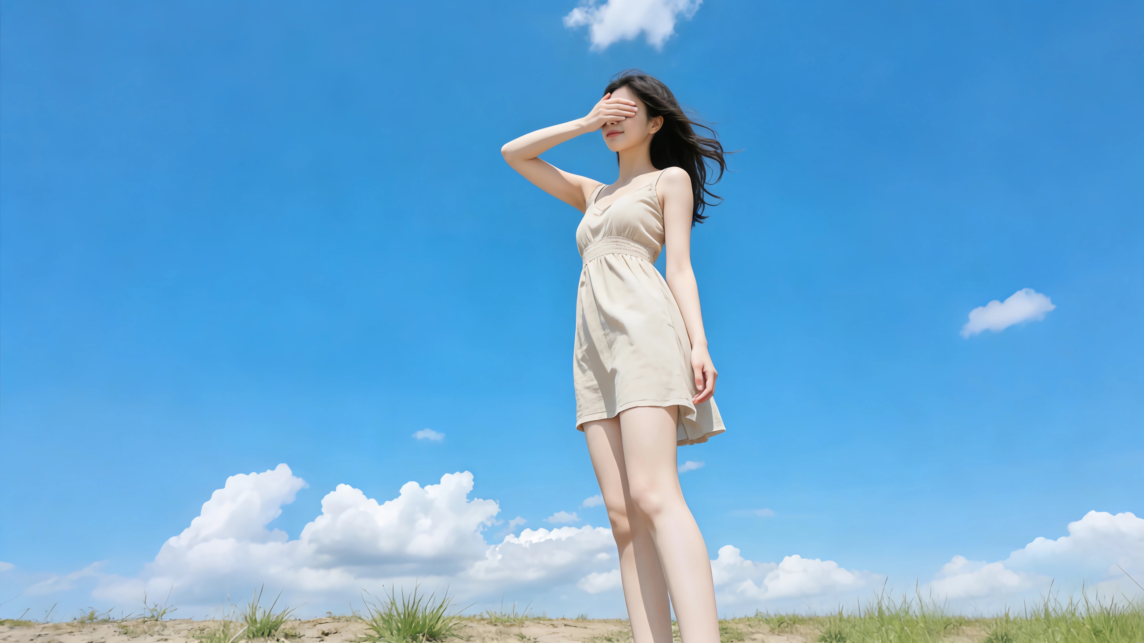 蓝天白云 阳光美女 蒙眼