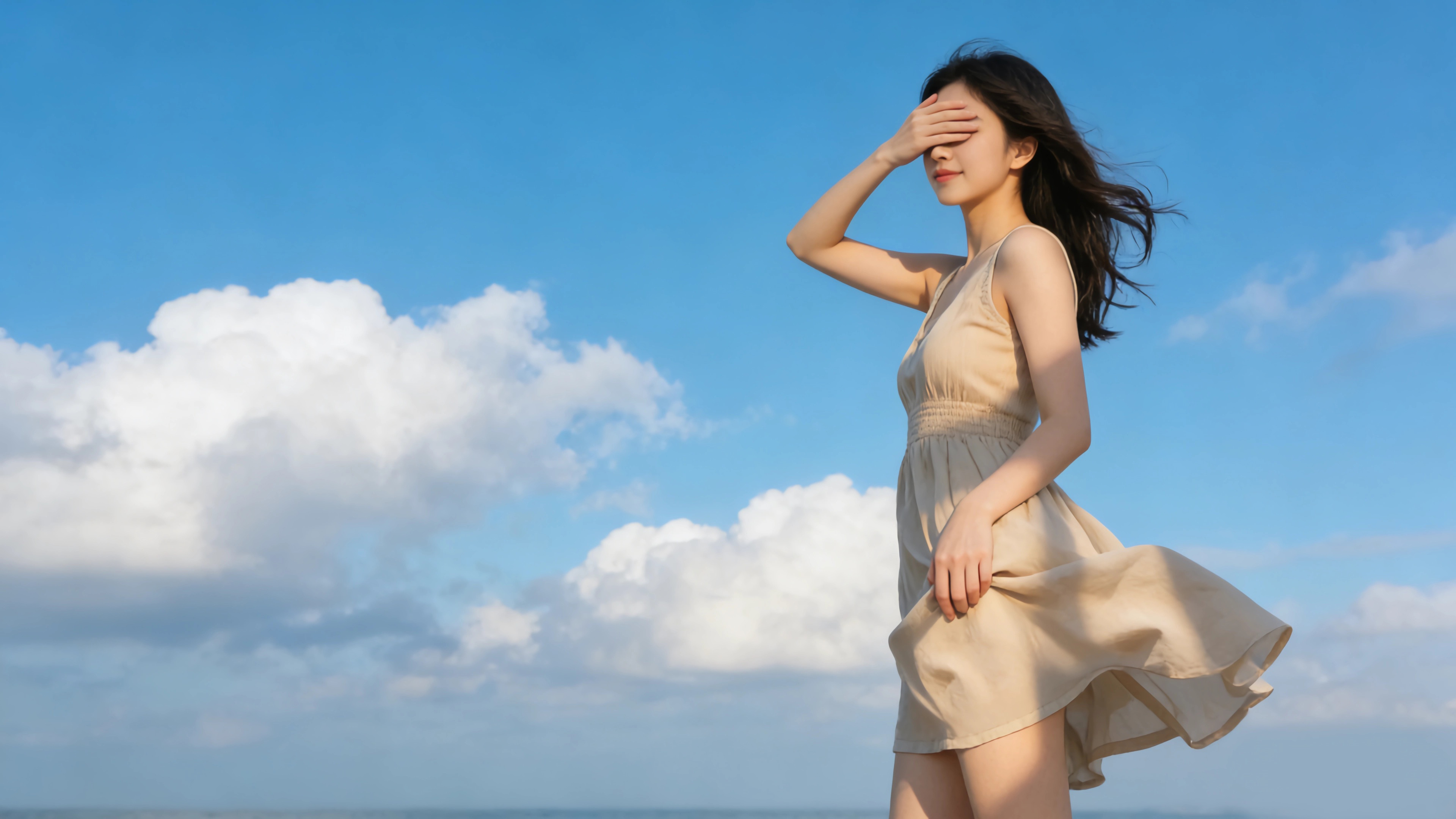 蓝天白云 清新美女 一手