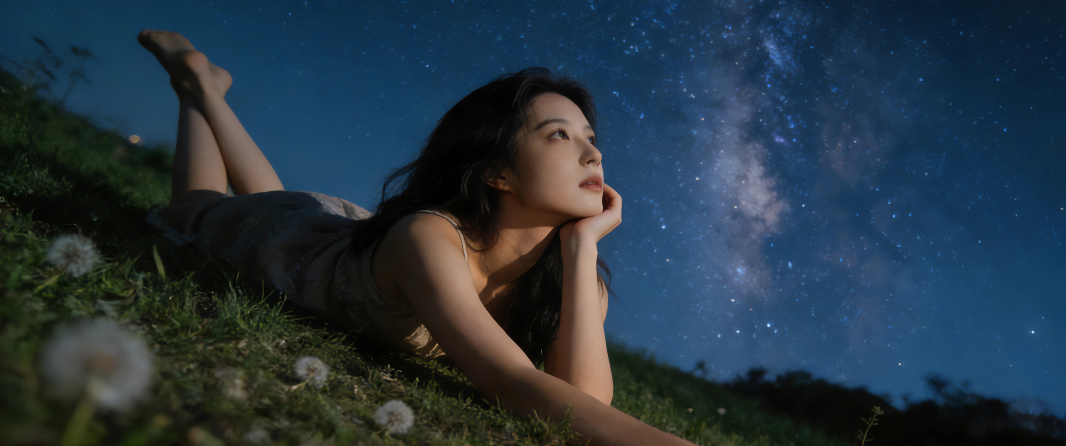 趴在绿草地看星空的美女