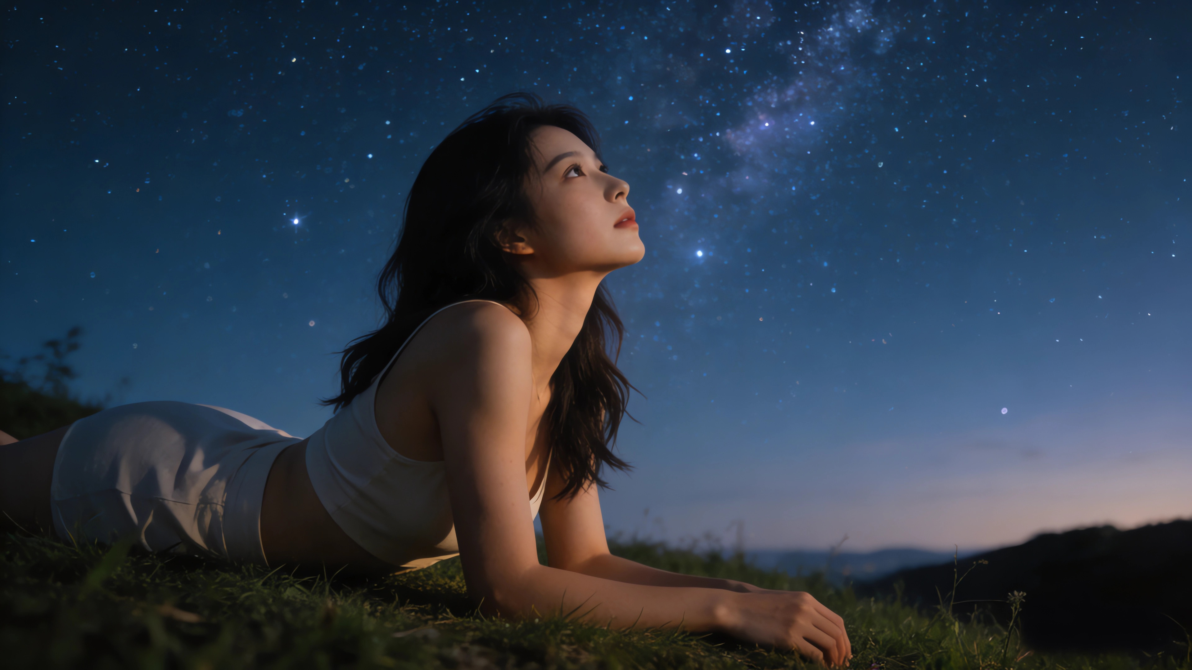 趴在草地上看星空的美女
