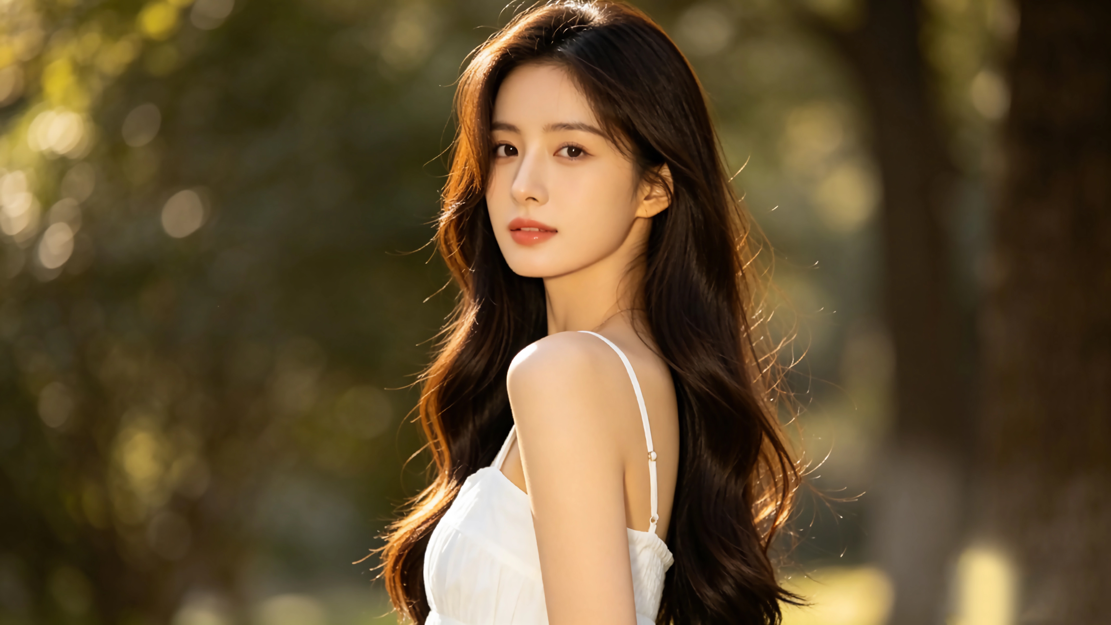 长发白裙气质美女回头微笑4K高清电脑壁纸3840x2160