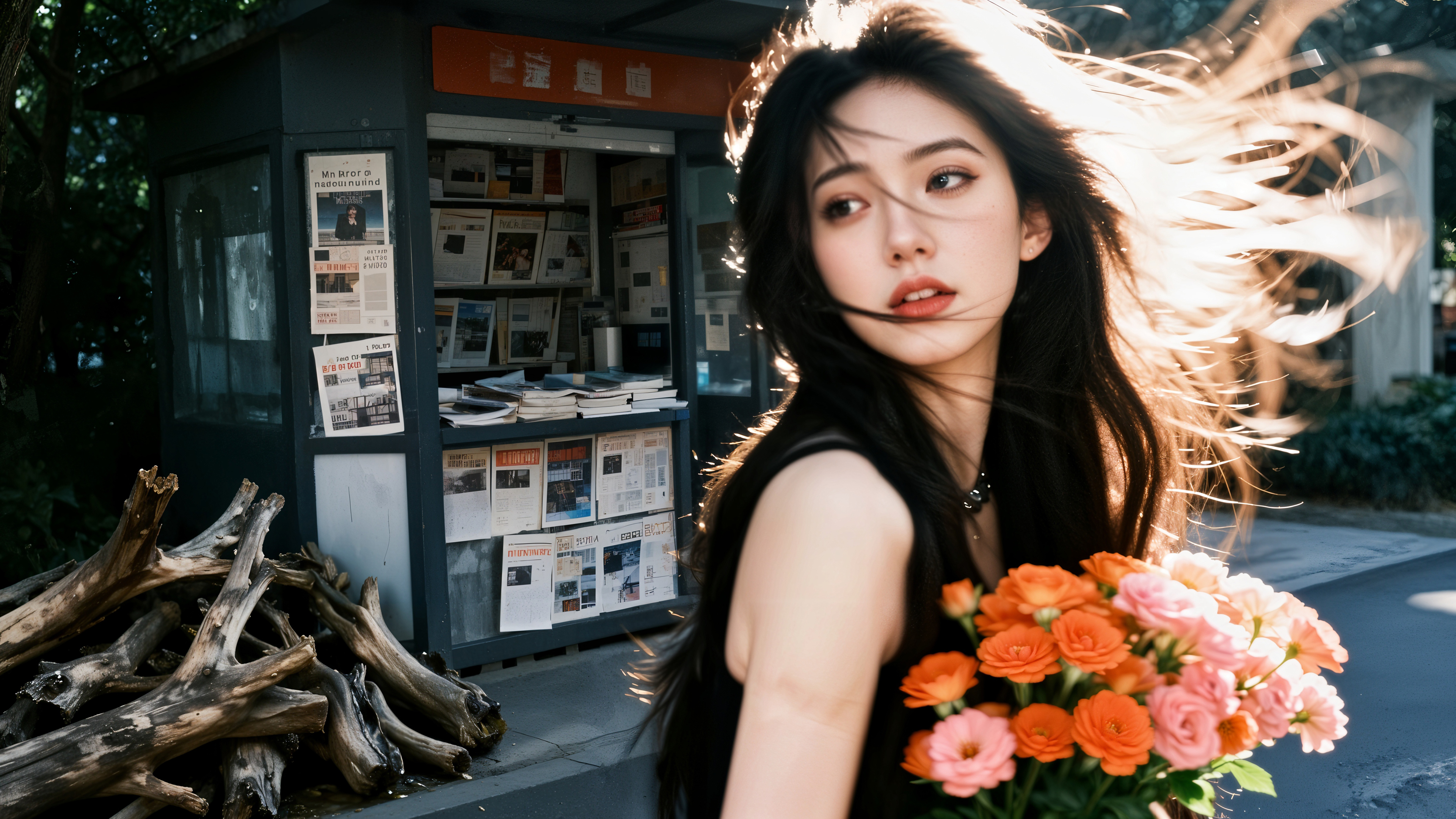 长发美女 手捧花 报刊亭 街头 4k高清壁纸3840x2160