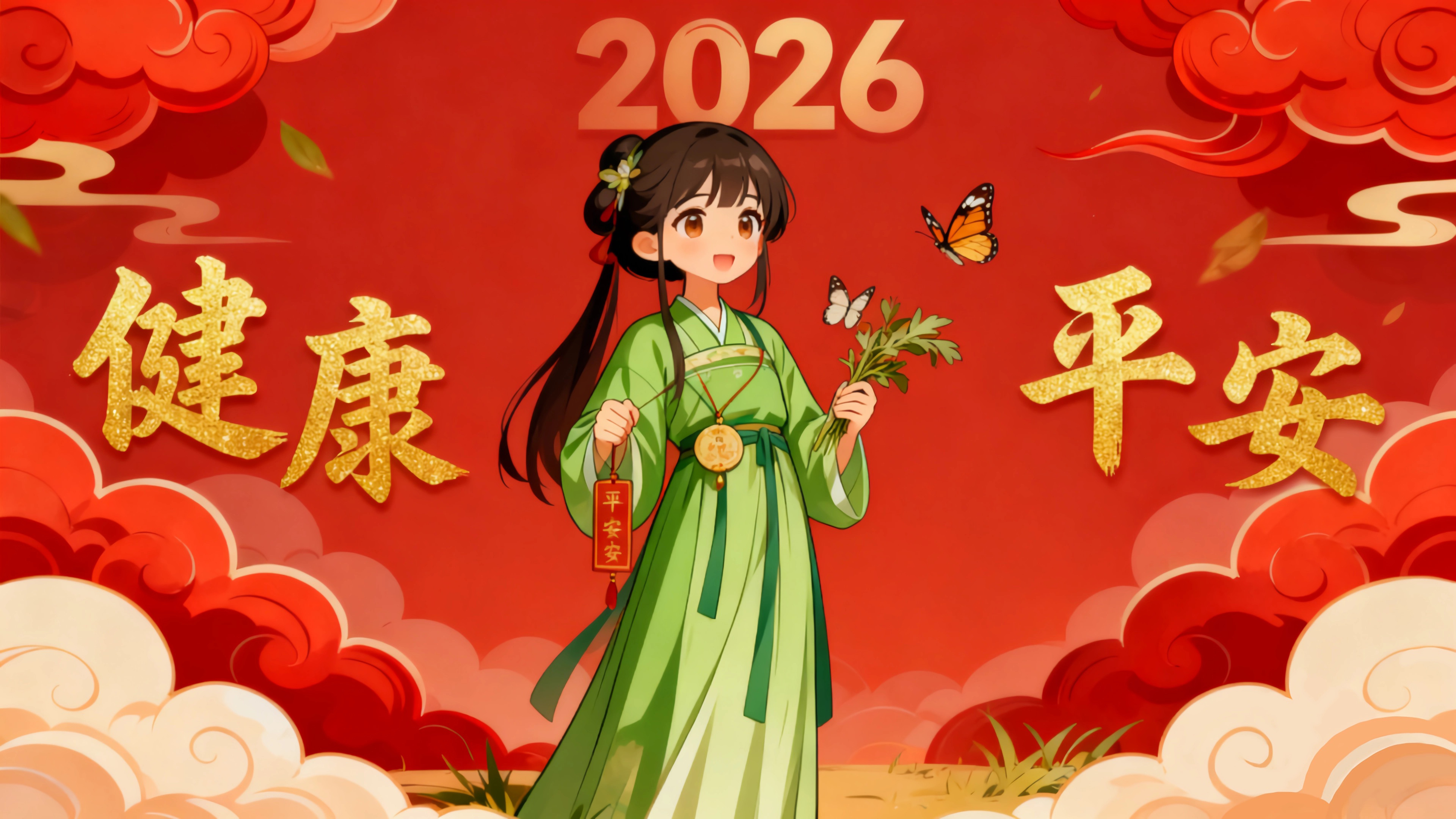 2026健康平安 小女孩 红