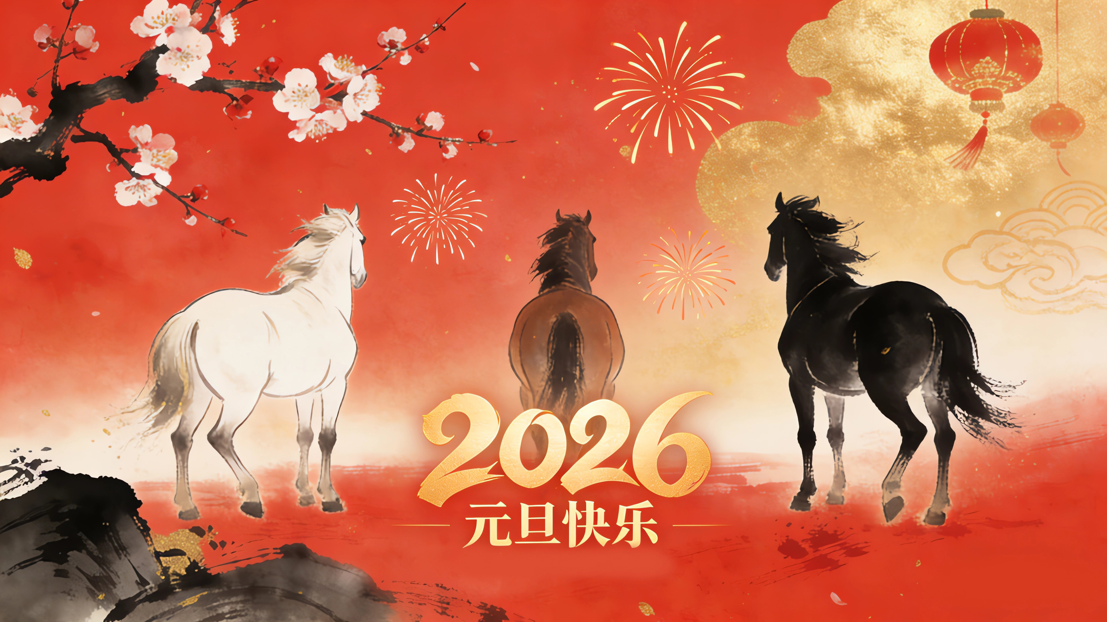 2026元旦快乐 三匹马 梅