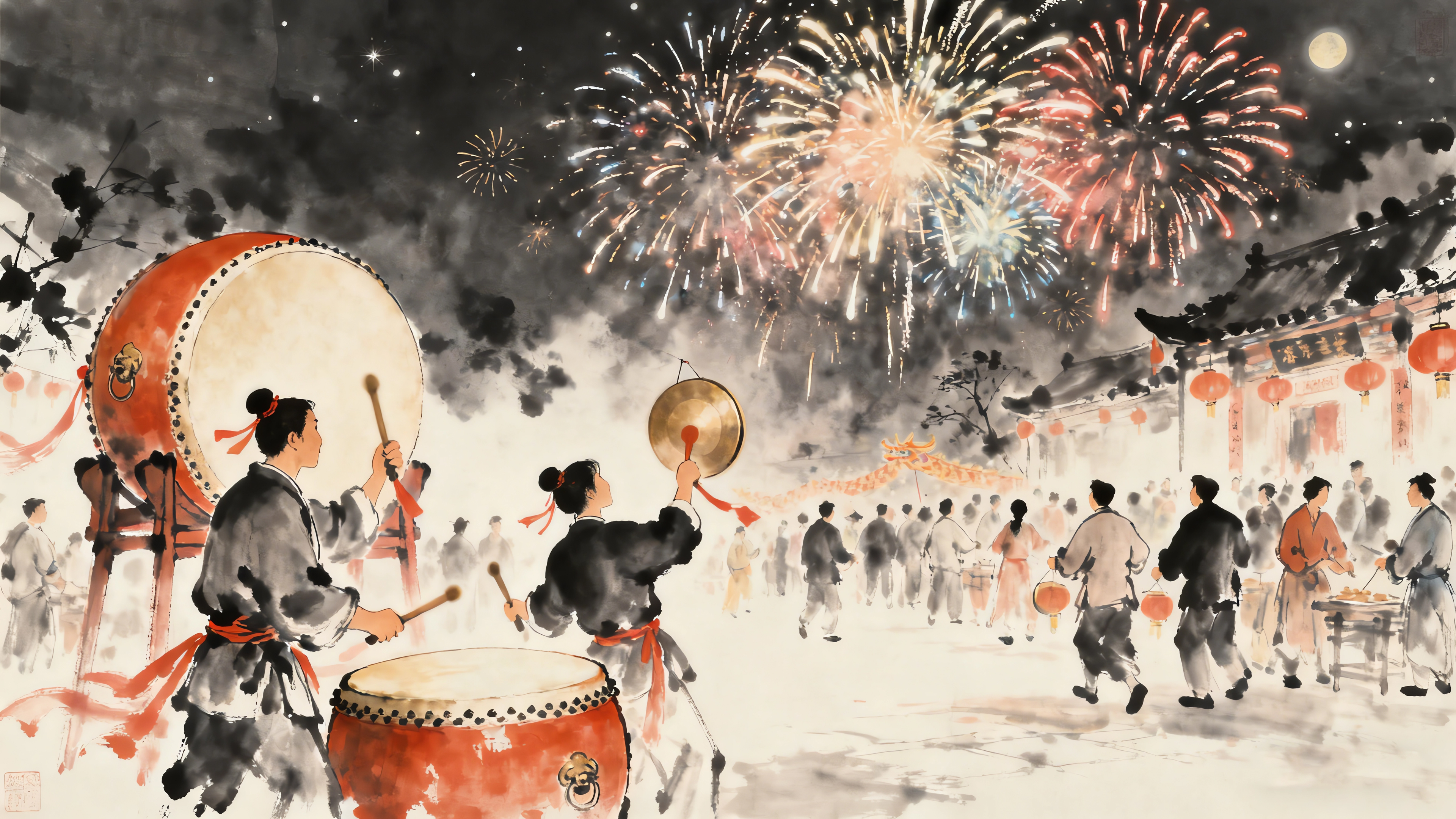 2026新年 烟花 舞龙 敲