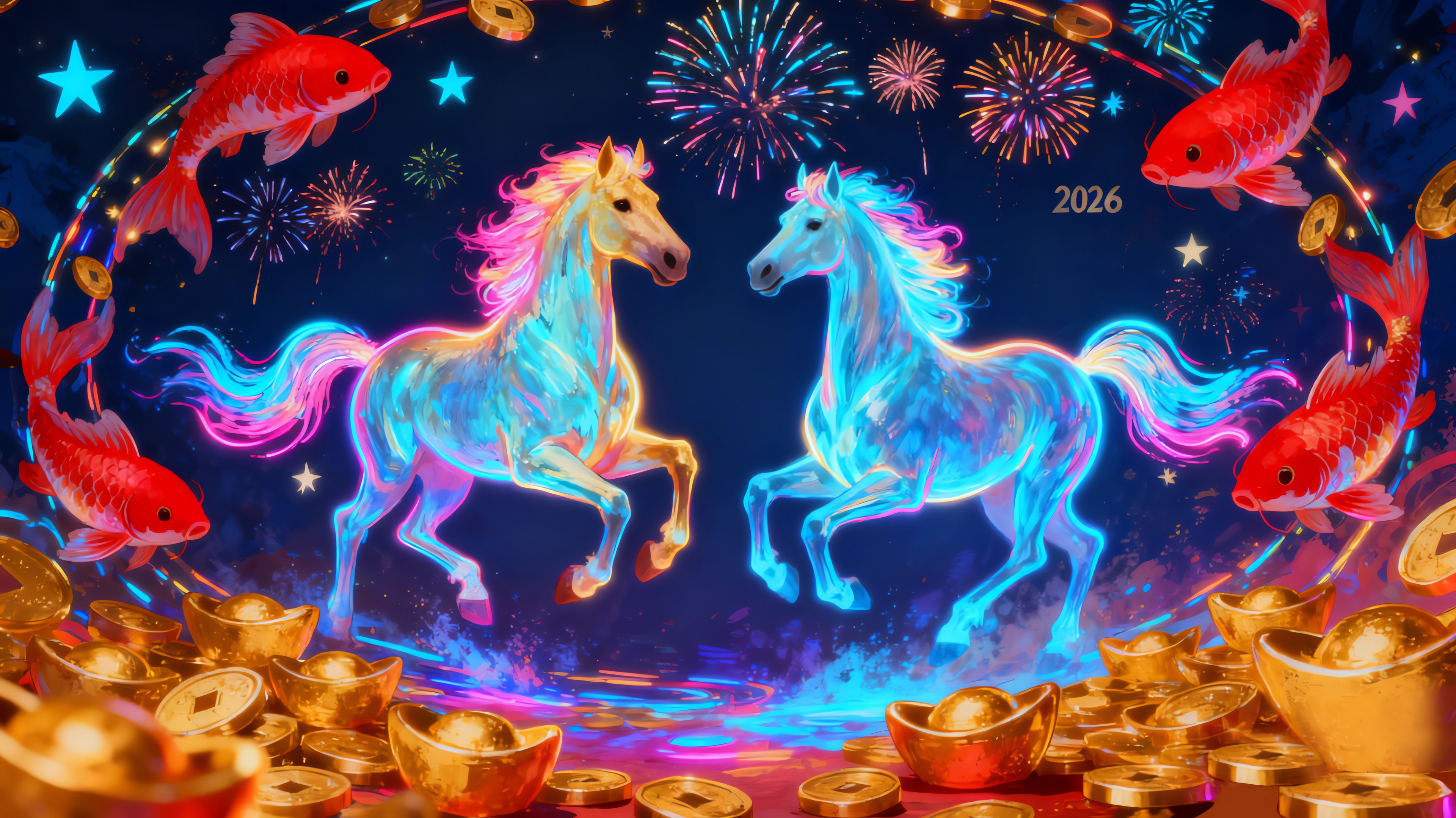 2026马年 两匹马儿 鲜花