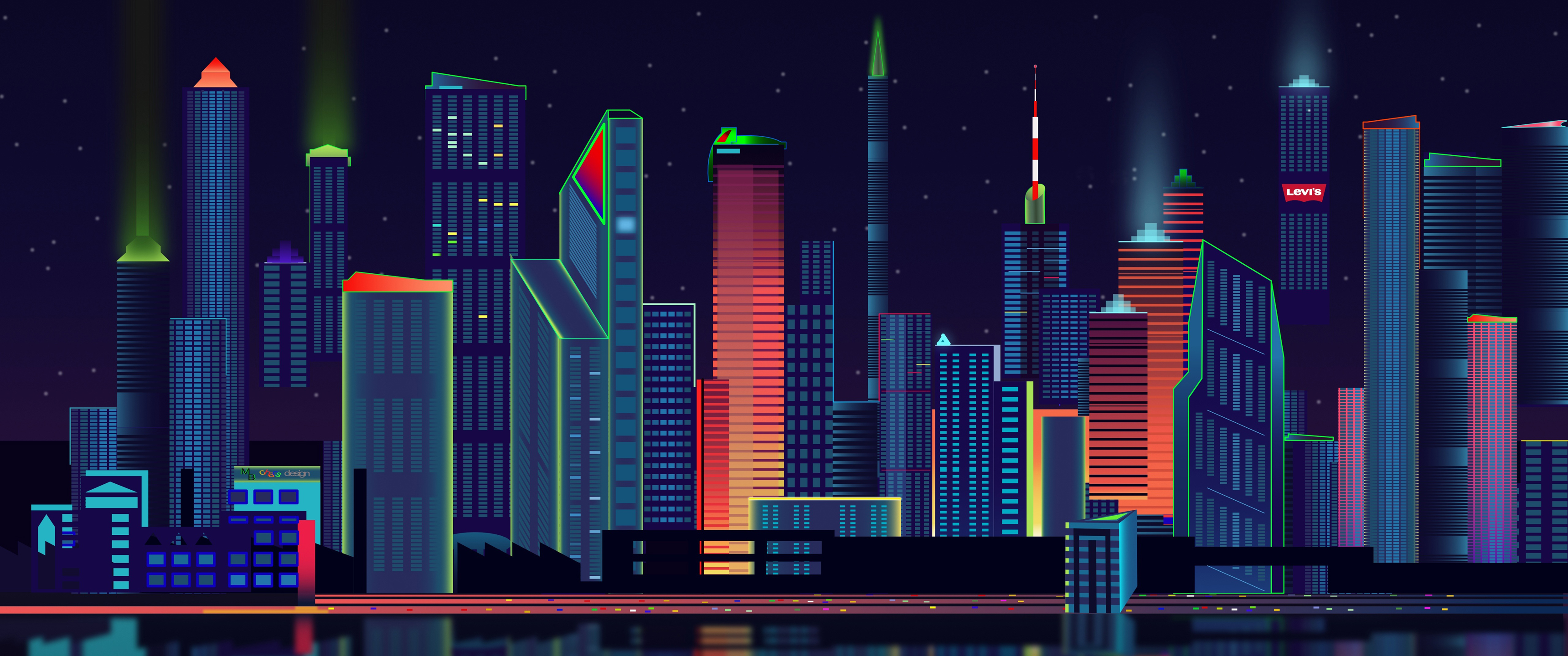 城市夜景全景矢量3440x1