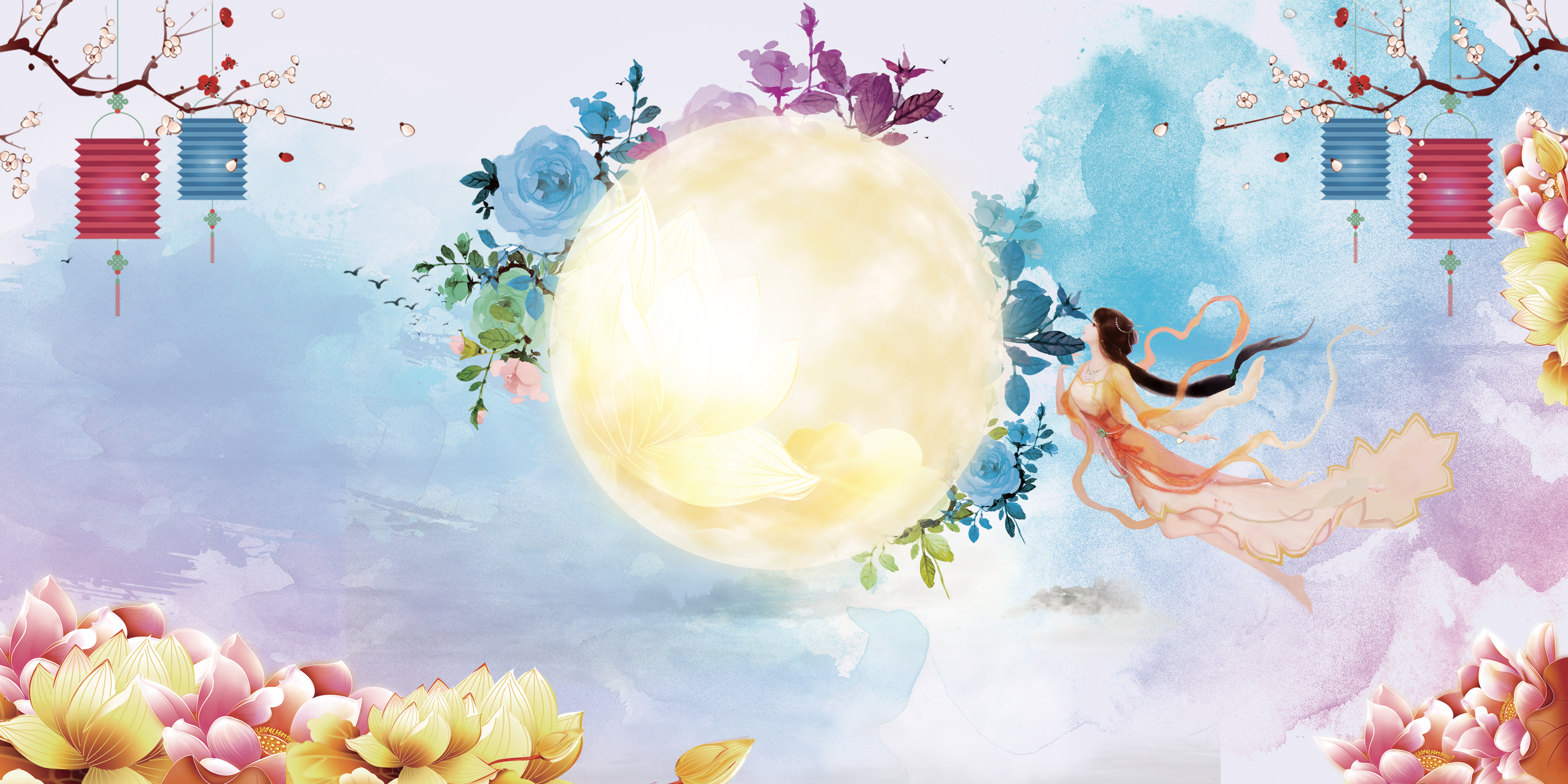 花丛月圆中秋背景4k图片