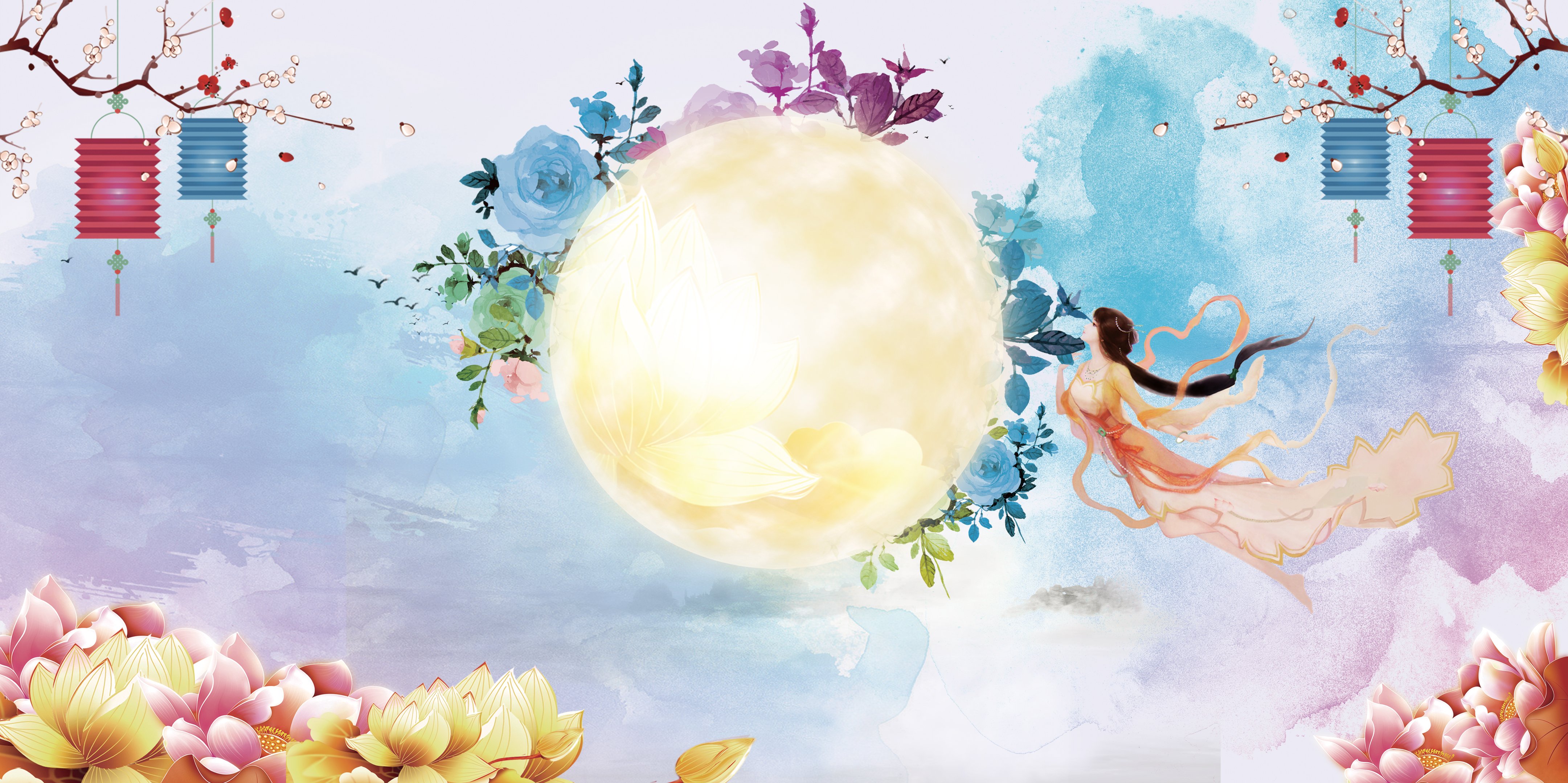 花丛月圆中秋背景4k图片