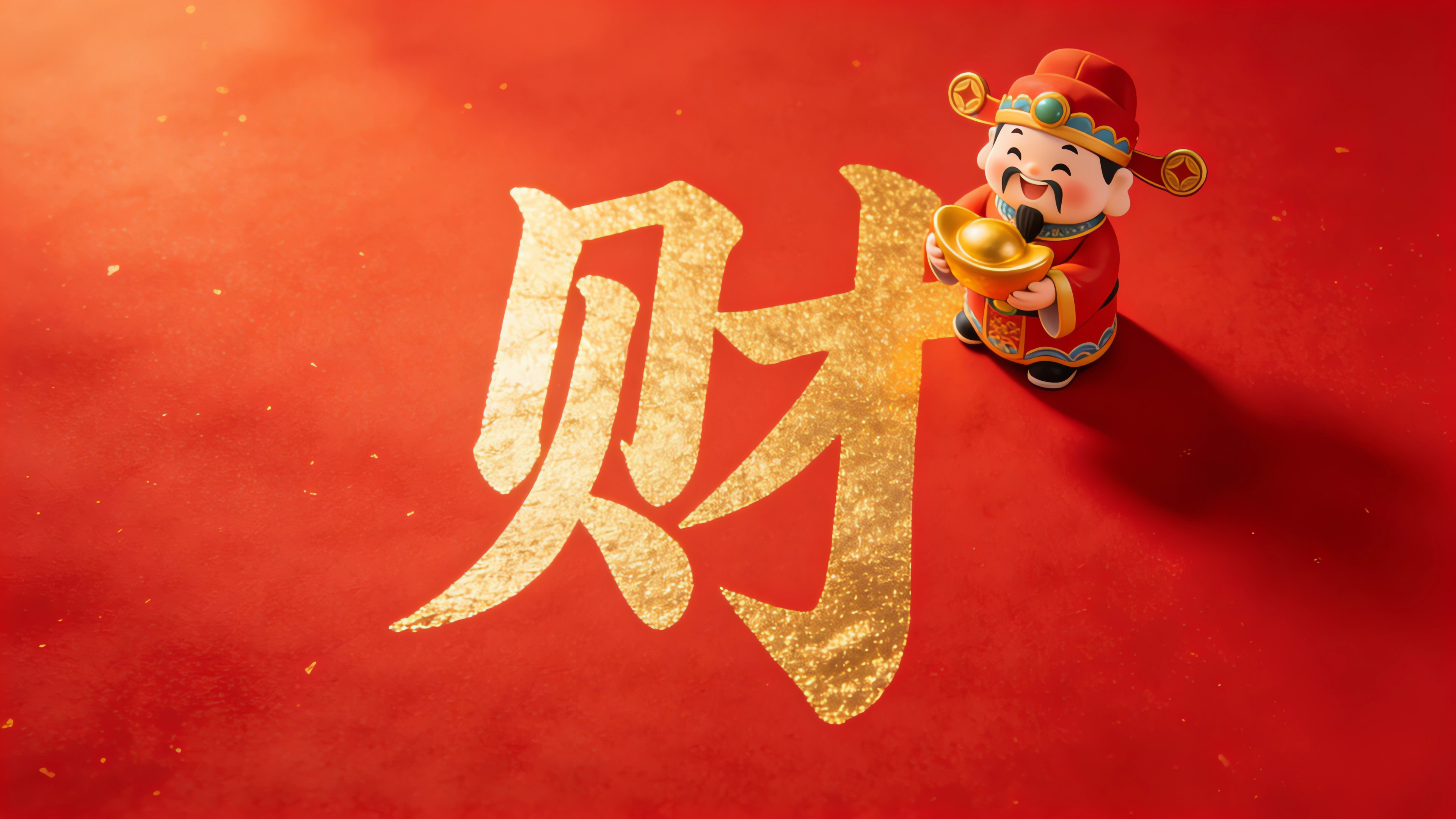 财神送元宝 财字 红色背景 4K壁纸3840x2160