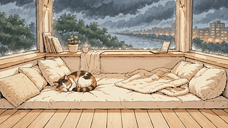 雨夜窗边慵懒猫