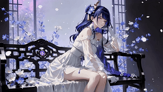 紫发少女闲坐花窗旁