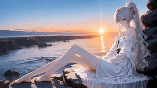 海边日落银发少女